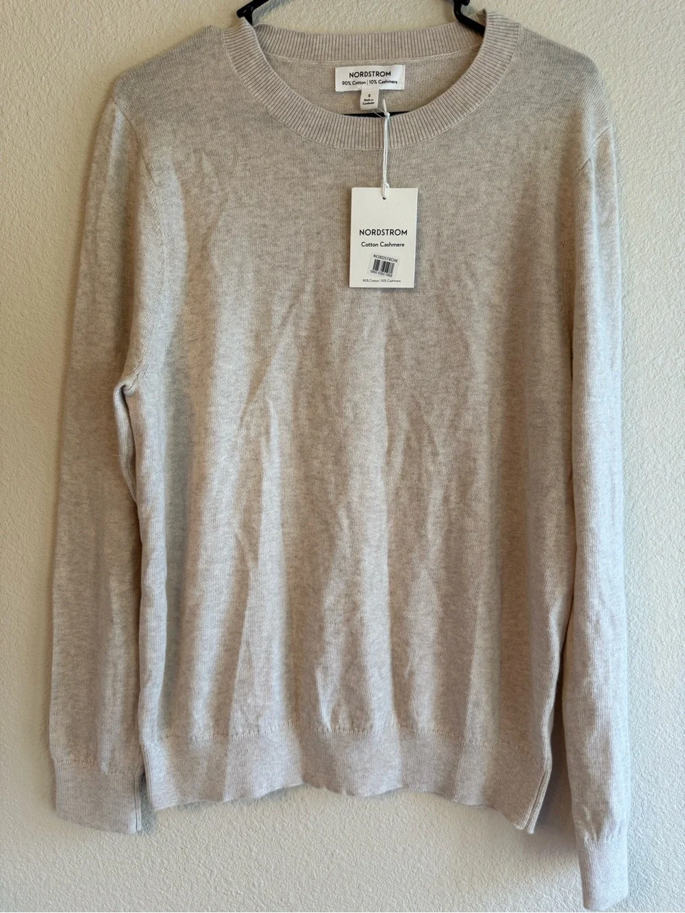 NWT Nordstrom Men's Cotton Cashmere Crew Neck Sweater Oatmeal Beige Size S